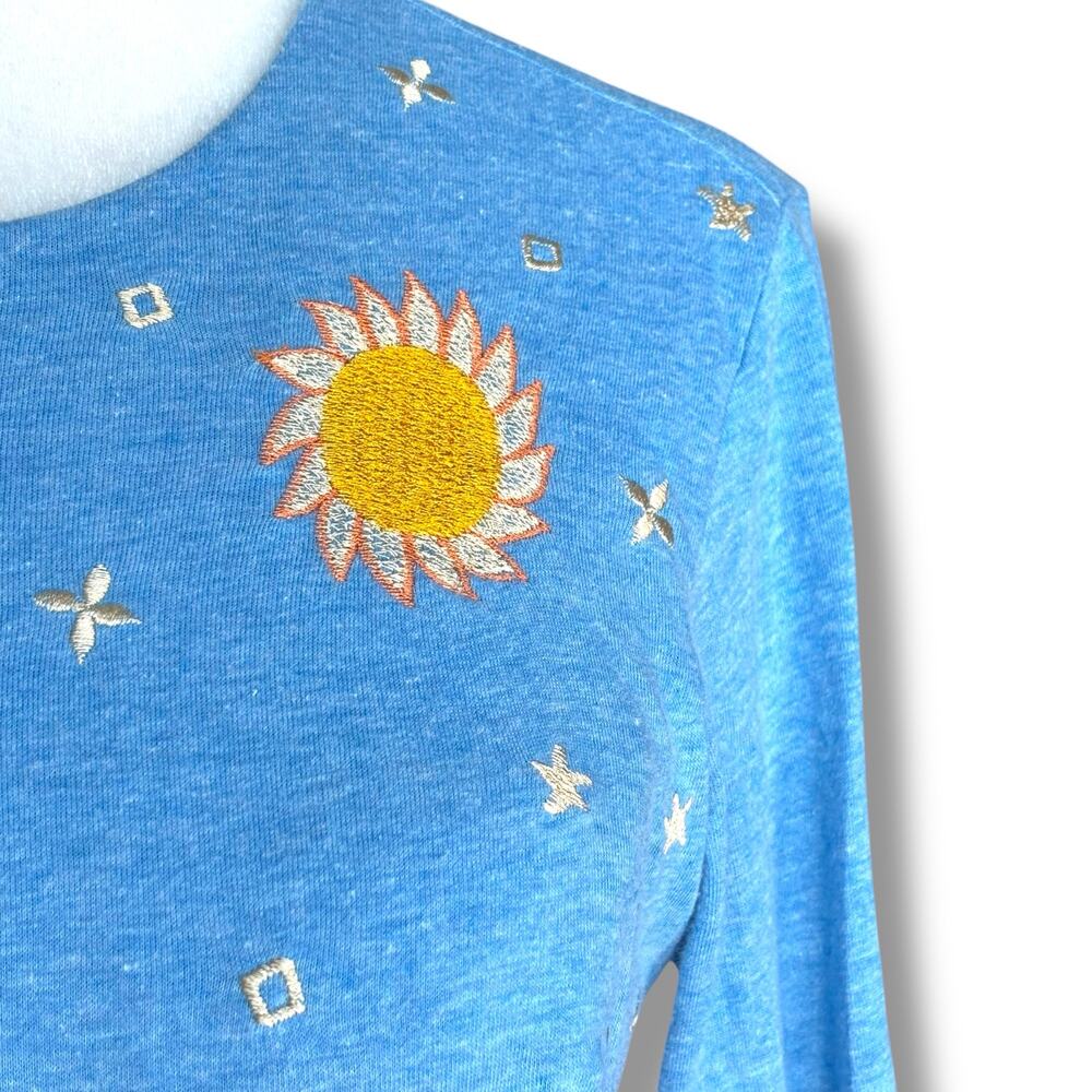 eShakti Blue Embroidered Fox Sun Clouds Cotton Spandex Long Sleeve Dress - Picture 3 of 12